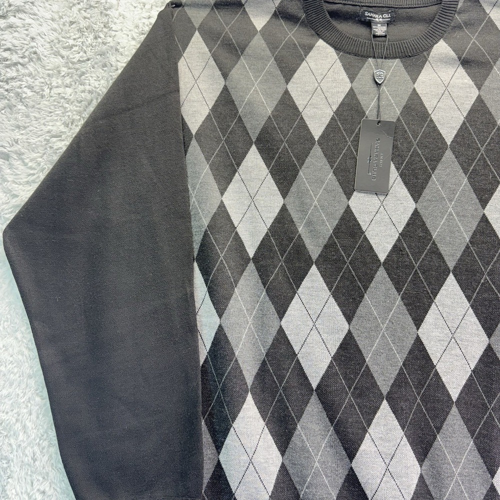 NWT VTG Sahara Club Acrylic Diamond Plaid HipHop Knit Sweater Black Men 3X - Picture 5 of 16